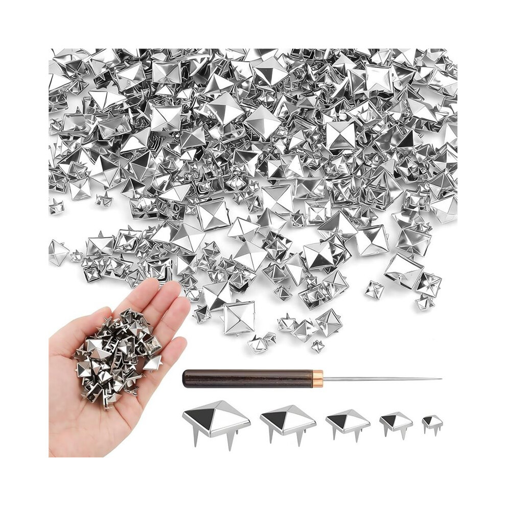 300Pcs Square Pyramid Studs, Silver Prong Spikes And Rivet Kit With Wooden Handle Awl, For Punk Rock Clothing Belts Bags 6032923128039