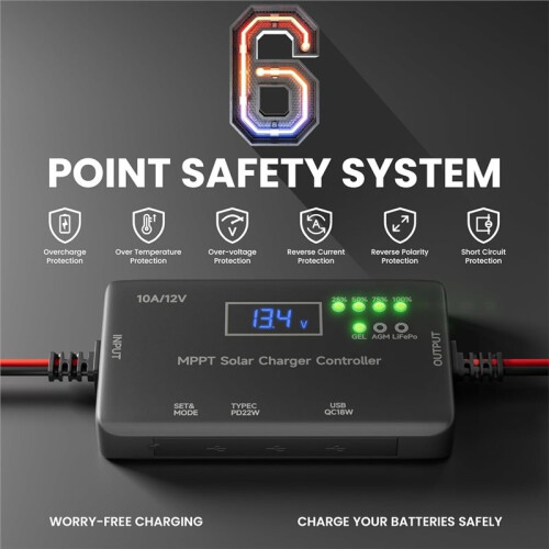 MPPT Solar Charge Controller 12V 10A, Solar Panel Charge Controller with Type-C and USB Output for AGM, LiFePO₄ Battery 2