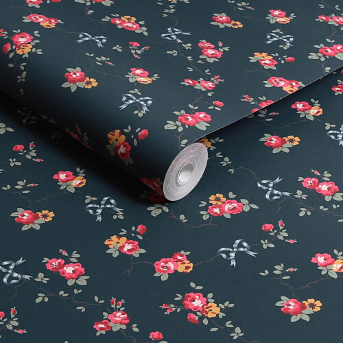 Cath Kidston Rose & Bows Navy Floral Wallpaper 1