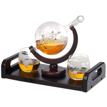 Whiskey Decanter Set Etched Globe Design with Mahogany Tray and Four Glasses 850ML Gift