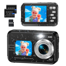 Waterproof Digital Camera 4K UHD 48MP Dual Screen 11FT Underwater Camera 64GB Card 16X Zoom Black