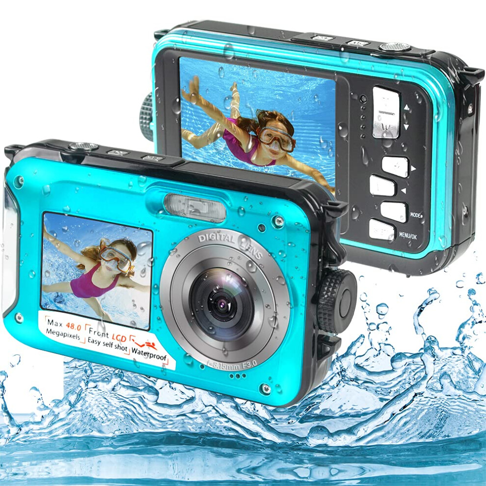 Underwater Camera 2.7K 48Mp Waterproof 10Ft Depth Dual Screen 16X Zoom For Snorkeling Swimming Blue 9169991234991