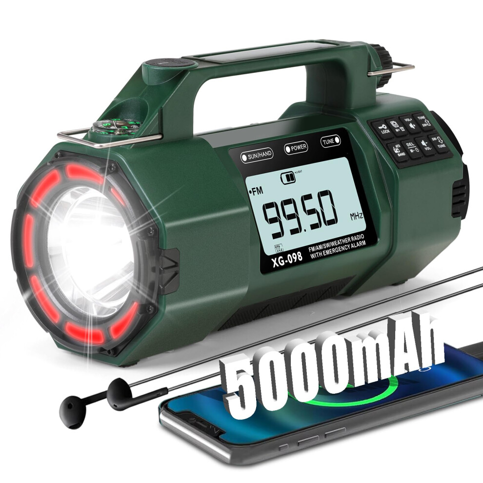 Emergency Weather Radio with NOAA Alerts, Solar Hand Crank, 5000mAh Replaceable Battery, AM FM SW, LED Flashlight and SOS