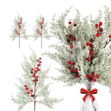 6Pcs Christmas Red Berries Stems Pine Branches with Snow 19Inch Frosted Faux Cedar Sprays Artificial Christmas Pine Tree