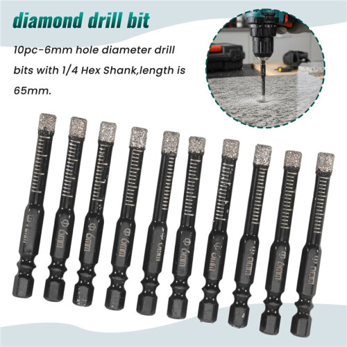 10Pcs Diamond Drill Bits,6mm Dry Diamond Core Drill Bit Set for Ceramic,Granite,Tile,Glass,Marble,Brick,Stone 1