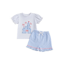 (12-18 Months, Sky Blue) Completo estivo per bambina: maglietta a maniche corte con ricamo a fiocco e pantaloncini elasticizzati. Set di 2 pezzi.