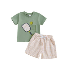 (2-3 Years, Apricot) Conjunto de 2 piezas para bebé niño: camiseta de manga corta con bordado de camping y pantalones cortos.