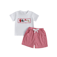 (4-5 Years, Red) Conjunto de 2 piezas para bebé niño: camiseta de manga corta con bordado de camping y pantalones cortos.