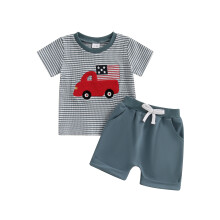 (12-18 Months, Blue) Chlapecké patriotické oblečení, sada trička s krátkým rukávem a kraťasů s vlajkovou výšivkou.