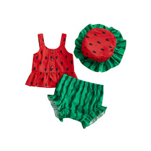 (6-12 Months, Red) Conjunto de 3 peças para meninas: blusa regata com botões, shorts com babados e chapéu de melancia.
