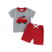 (2-3 Years, Red) Chlapecké patriotické oblečení, sada trička s krátkým rukávem a kraťasů s vlajkovou výšivkou.