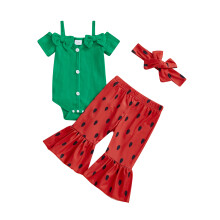 (12-18 Months, Red) Conjunto de verão para bebê menina: body curto, calça boca de sino e faixa de cabelo (3 peças)