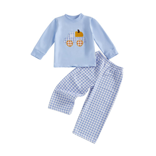 (6-7 Years, Sky Blue) Conjunto de 2 calça xadrez.