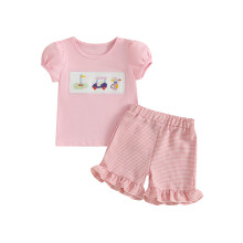 (3-6 Months, Pink) Conjunto de verão para menina: blusa curta com bordado e shorts elásticos. 2 peças.