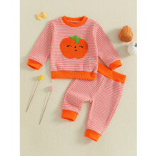 (18-24 Months, Orange) Conjunto de Roupa Infantil Unissex para o Halloween com Blusa Bordada de Abóbora/Fantasma/Árvore/Peru (2 peças)