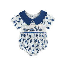 (6-12 Months, Blue) Tutina estiva a maniche corte con colletto da bambola per bambina, con ricamo di dinosauri e cartoni animati.