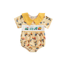 (3-6 Months, Yellow) Tutina estiva a maniche corte con colletto da bambola per bambina, con ricamo di dinosauri e cartoni animati.