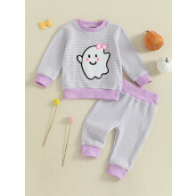 (12-18 Months, Purple) Conjunto de Roupa Infantil Unissex para o Halloween com Blusa Bordada de Abóbora/Fantasma/Árvore/Peru (2 peças)