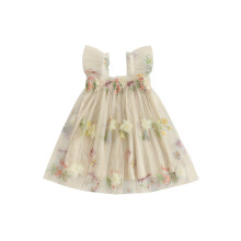 (3-4 Years, Gold) Baby Mädchen Prinzessin Kleid Rüschen Ärmellos Quadratischer Hals Blumenstickerei Tüllkleid Kleinkind Partykleid