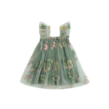 (6-12 Months, Green) Baby Mädchen Prinzessin Kleid Rüschen Ärmellos Quadratischer Hals Blumenstickerei Tüllkleid Kleinkind Partykleid