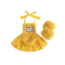 (12-18M, Yellow) Neugeborenen-Mädchen-Outfit, ärmelloser Strampler mit Fell-Patchwork und Beinstulpen, Halloween-Kleidung