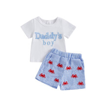(12-18 Months, Blue) Conjunto de verano para bebé niño: camiseta corta con bordado y pantalón corto elástico con cangrejos (2 piezas).