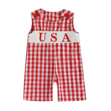 (0-3 Months, Red) Tutine maschili per neonati, abbigliamento estivo senza maniche, ricamo lettere, quadri, Giorno dell'Indipendenza