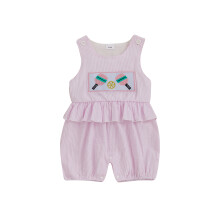 (6-12 Months, Pink) Tutina a righe per bambina, senza maniche, girocollo, con ricamo pickleball.