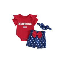 (6-12 Months, Red) Conjunto 3 peças para bebê menina 4 de julho: body com bordado de bandeira, shorts com estrelas e faixa de cabelo.