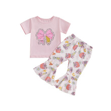 (2-3 Years, Pink) Conjunto de 2 peças para bebê menina, ideal para o outono: blusa de manga curta com estampa de laço e calça flare.