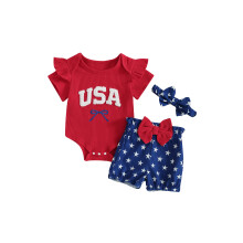 (0-3 Months, Multicolor) Conjunto 3 peças para bebê menina 4 de julho: body com bordado de bandeira, shorts com estrelas e faixa de cabelo.
