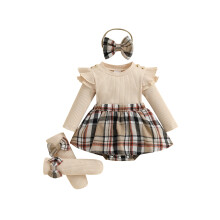 (0-3 Months, Khaki) Completo autunnale per bambina: body a maniche lunghe a quadri, fascia per capelli e calzini. Abbigliamento per neonati.