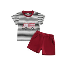 (12-18 Months, Red) Conjunto niño verano: camiseta corta con rayas y bordado de camión de bomberos, y pantalones cortos elásticos.