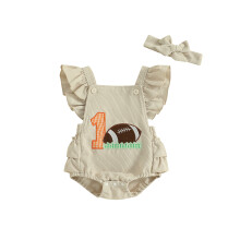 (3-6 Months, Beige) Tutina da neonata con ricamo rugby, volant, maniche a volant, in velluto a coste, con fascia per capelli.