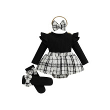 (12-18 Months, Black) Completo autunnale per bambina: body a maniche lunghe a quadri, fascia per capelli e calzini. Abbigliamento per neonati.