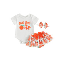 (3-6 Months, Orange) Conjunto 3 peças menina: body letras, shorts morango/sorvete/laranja/melancia e faixa de cabelo.