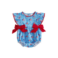 (0-3 Months, Blue) Tutina da bambina per il Giorno dell'Indipendenza, maniche a sbuffo, scollo rotondo, stampa a quadri con bandiera.