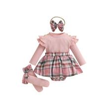 (3-6 Months, Pink) Completo autunnale per bambina: body a maniche lunghe a quadri, fascia per capelli e calzini. Abbigliamento per neonati.