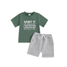 (5-6 Years, Green) Conjunto de verano para niños: camiseta de manga corta con cuello redondo y pantalones cortos elásticos (2 piezas).