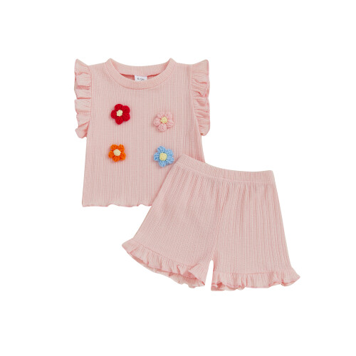 (3-4 Years, Pink) Σετ σορτς νήπια, αμάνικο φανελάκι με λουλούδια & σορτς 2 τεμαχίων