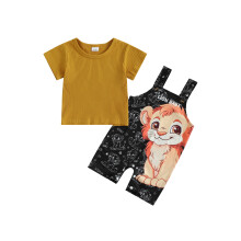 (3-6 Months, Brown) Outfit pro chlapečka, tričko s krátkým rukávem a potiskem lva, letní overal s kalhotami