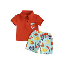 (18-24 Months, Red) Letní oblečení pro batolata: topy s krátkým rukávem, kapsa, potisk humra + elastické kraťasy, sada 2 ks
