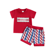 (18-24 Months, Red) Batolecí 4. července tričko s americkou vlajkou a krátkým rukávem, elastické kraťasy, sada 2 kusy