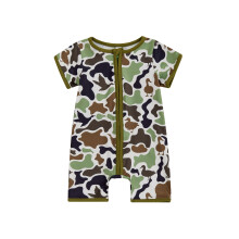 (3-6 Months, Green) Macacão infantil masculino com estampa camuflada, gola redonda e manga curta, ideal para o verão.