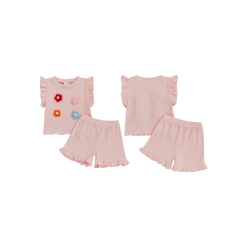(3-4 Years, Pink) Σετ σορτς νήπια, αμάνικο φανελάκι με λουλούδια & σορτς 2 τεμαχίων 1