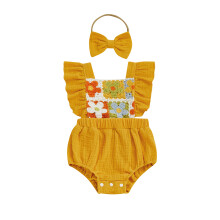 (3-6 Months, Ginger) Completo estivo da bambina: tutina all'uncinetto con fiori, maniche a sbuffo e fascia con fiocco, 2 pezzi.