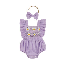 (0-3 Months, Purple) Tutina estiva bambina floreale all'uncinetto, maniche a volant, scollo quadrato e fascia con fiocco.
