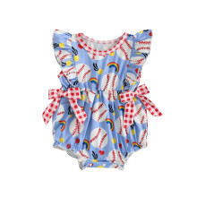 (0-3 Months, Blue) Tutina estiva per bambina con stampa baseball, maniche a volant e body per neonati, abbigliamento streetwear.