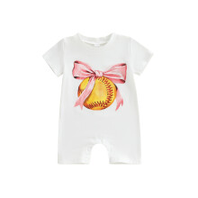 (6-9 Months, White) Tutina estiva per bambina, maniche corte, scollo rotondo, stampa con fiocco da baseball.