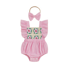 (12-18 Months, Pink) Tutina estiva bambina floreale all'uncinetto, maniche a volant, scollo quadrato e fascia con fiocco.